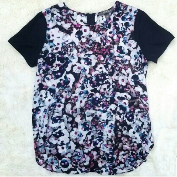 Charlie Jade black and purple watercolor floral print blouse S zipper crew neck - Picture 1 of 5